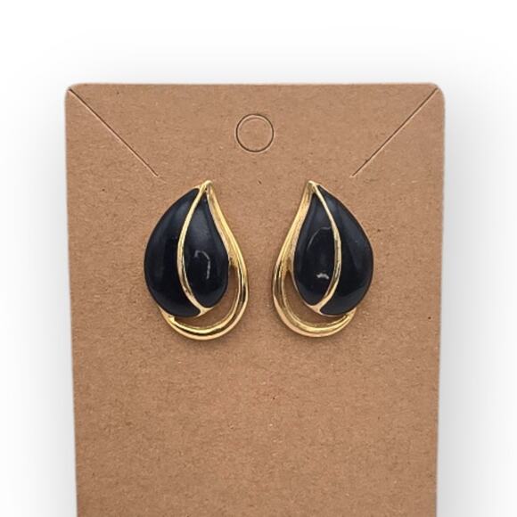 Navy & Gold Teardrop Vintage Earrings – Enamel Studs – Classic 80s/90s Style - Picture 3 of 9